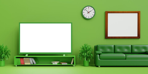 Green room zone in a house or Greenhouse energy saving Eco, and relaxation area with a blank wall for copying. 3D rendering