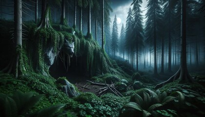 Mystical Halloween forest with a moonlit night, a werewolf peeping out of his cave, and thick greenery. Generative AI. - obrazy, fototapety, plakaty