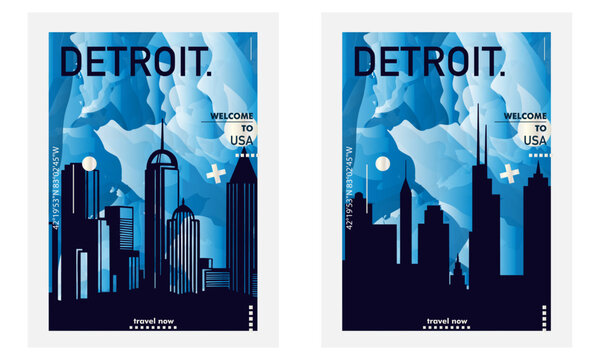 USA Detroit city poster pack with abstract shapes of skyline, cityscape, landmarks and attractions. US Michigan state travel vector illustration set for brochure, website, page, business presentation