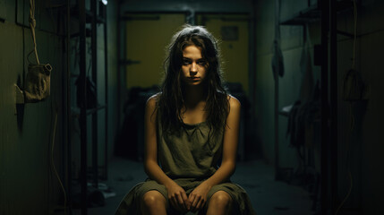 Distressed woman in a dimly lit gritty corridor