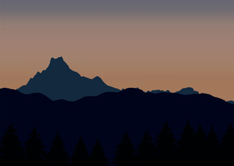 Landscape with mountains and pine forest at sunset. Vector illustration in flat style.