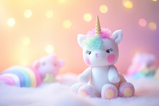  a small stuffed unicorn sitting on top of a white blanket.  generative ai