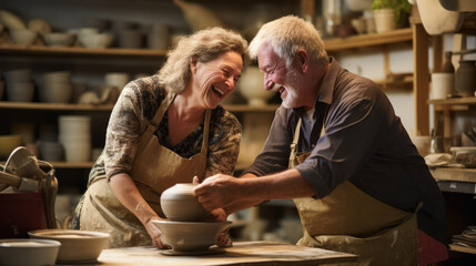 Elderly couple enjoying using a potter's wheel together