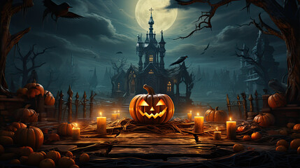 Halloween pumpkin head jack lantern with burning candles, Spooky Forest with a full moon and wooden table, Pumpkins In Graveyard In The Spooky Night - Halloween Backdrop. - obrazy, fototapety, plakaty