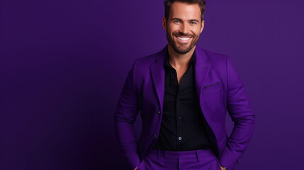 Fototapeta premium Ultra handsome Caucasian, who is smiling and laughing, wearing bright purple clothes. Bright purple solid background similar to the dress color.