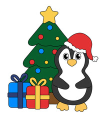 Cartoon Christmas and New Year Penguin character. Cute Penguin with Christmas tree and gift boxes. Vector flat illustration.