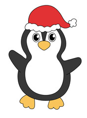Cartoon Christmas and New Year Penguin character. Cute Penguin with Santa Hat. Vector flat illustration.