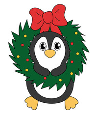 Cartoon Christmas and New Year Penguin character. Cute Penguin in wreath. Vector flat illustration.