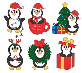 Set of cartoon Christmas and New Year Penguin characters. Cute Penguins in cup and in gift box, garland, candy cane, Deer Antler Headband, wreath, Christmas tree. Vector flat illustration.