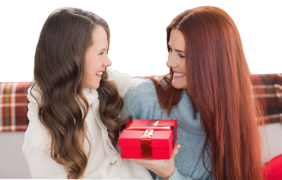 Digital png photo of happy caucasian mother and daughter with gift on transparent background