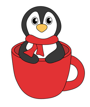 Cartoon Penguin character. Cute Penguin in cup with scarf. Vector flat illustration.