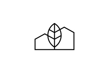 House line art logo with natural leaves combination