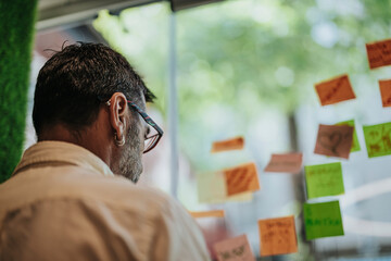 Diverse business partners brainstorm and collaborate on a glass board. In this modern office,...