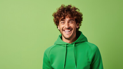 Fototapeta na wymiar Ultra handsome man with curly hair, smiling and laughing, wearing a solid deep green sweatshirt. deep solid green background similar to the dress color.