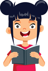 Vector Student Girl Holding a Textbook Reading a Story. Cheerful schoolgirl enjoying reading a book for homework assignment 
