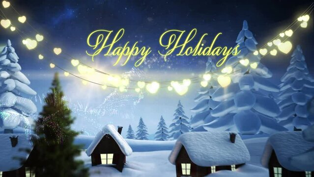 Animation of happy holidays, christmas lights and houses in night winter landscape