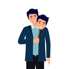 Angry businessman in fake mask smile vector illustration.