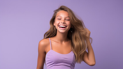 Happy smiling beautiful business girl wearing a Matching Bikini on a solid background  - obrazy, fototapety, plakaty