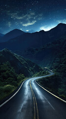 Mountain Road Under a Fantasy Night Sky