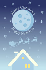 Merry Christmas background with Santa Claus flying on the sky in sleigh with reindeer at night with full moon, snow, and a house. vector illustration.