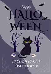 Halloween invitation card.Halloween illustration with cat and trees.