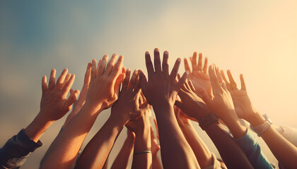 Group of people rising hands up in the air - obrazy, fototapety, plakaty