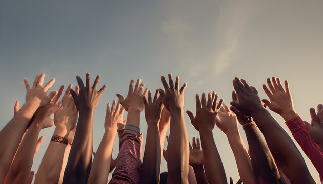 Group of people rising hands up in the air
