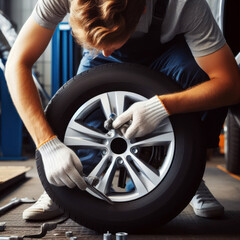 Close up of a repairman changing wheel and tire in a workshop.