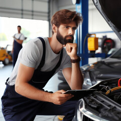 Fototapeta na wymiar Professional car mechanic working at service station