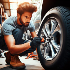 Obraz premium Close up of a repairman changing wheel and tire in a workshop.