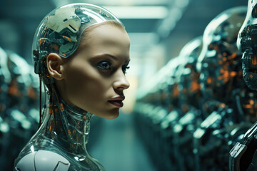 Woman dressed in futuristic suit stands confidently in front of group of robots. This image is perfect for science fiction, technology, and future-themed projects.
