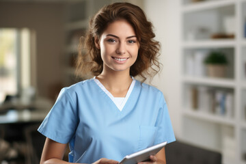 Woman wearing scrubs holding tablet computer. This image can be used to represent healthcare professionals using technology in their work.