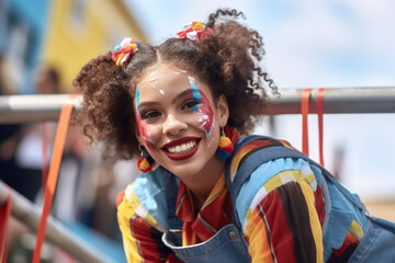 Woman with clown makeup on her face. Perfect for circus-themed events and Halloween parties.