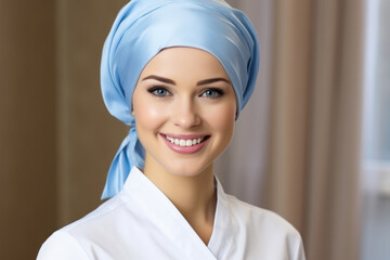 Woman wearing blue turban smiles at camera. This image can be used to showcase diversity, fashion, or cultural traditions.
