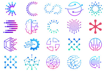 Set of technology dot logo design and business card. symbol tech, internet, system, Artificial Intelligence and computer. inspiration logo design modern