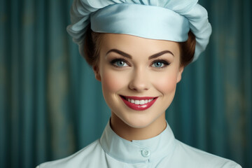 Woman wearing chef's hat smiles warmly. Suitable for culinary websites and cooking blogs.