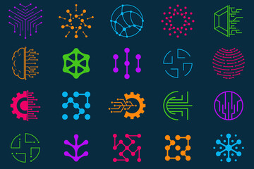 Set of technology dot logo design and business card. symbol tech, internet, system, Artificial Intelligence and computer. inspiration logo design modern