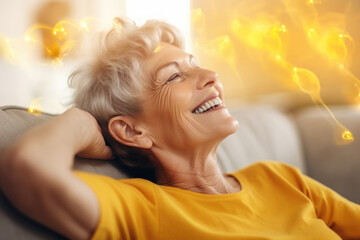 Older woman sitting on couch with genuine smile. This image can be used to depict happiness, relaxation, and contentment in various contexts.
