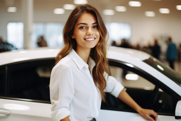 Woman is seen standing next to car in showroom. This image can be used to showcase latest car models or for car dealership advertisements.
