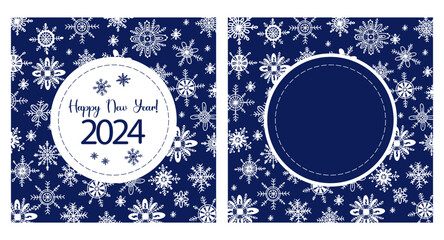 2024 Happy New Year. Square greeting cards with white snowflakes on blue background. Vector illustration in hand drawn doodle style.