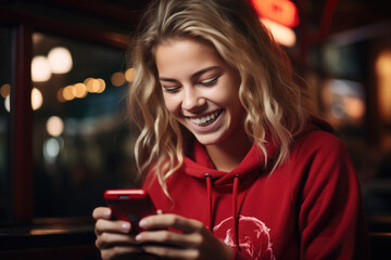 Woman is pictured smiling as she looks at her cell phone. This image can be used to depict happiness, technology, communication, or social media usage.