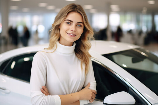 Woman standing confidently in front of sleek white car. This image can be used to represent independence, success, or luxury. Perfect for automotive industry promotions or lifestyle articles.