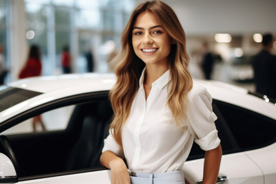 Woman is seen standing next to car in showroom. This image can be used to showcase new car model, present car for sale, or illustrate car dealership.