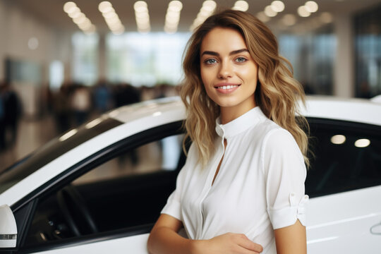 Woman standing confidently in front of white car. This image can be used to represent independence, success, or automotive industry.