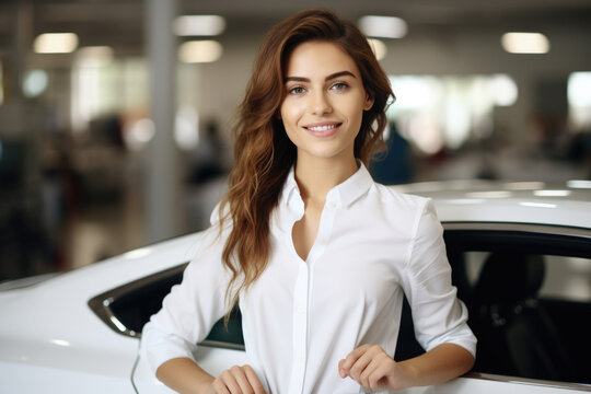 Woman stands next to car in bright and spacious showroom. This image can be used to showcase latest car models or for advertising purposes.