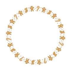 Round Gingerbread Cookies Frame Border, Christmas Winter Holiday Graphics. Homemade sweets pattern, card and social media post template on white background. Isolated vector illustration.