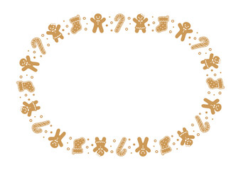 Oval Gingerbread Cookies Frame Border, Christmas Winter Holiday Graphics. Homemade sweets pattern, card and social media post template on white background. Isolated vector illustration.