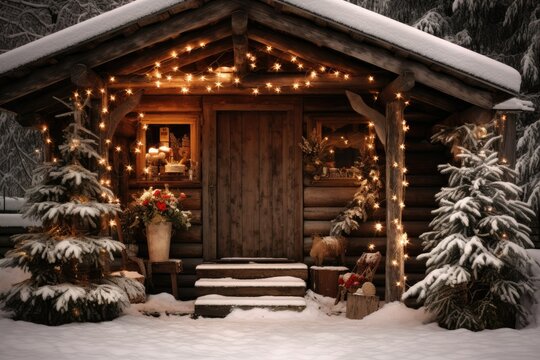  A Small Cabin With Christmas Lights On The Front Door And Porch.  Generative Ai