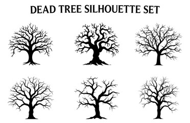 Dead Tree Silhouette Vector art set, Scary Trees black Silhouette bundle, Forest Tree without leaves black and white clipart Collection