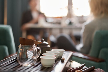 Everything is ready for the tea ceremony. The ceremony is according to all the rules, but not in the classical style. Adapted to a modern apartment.